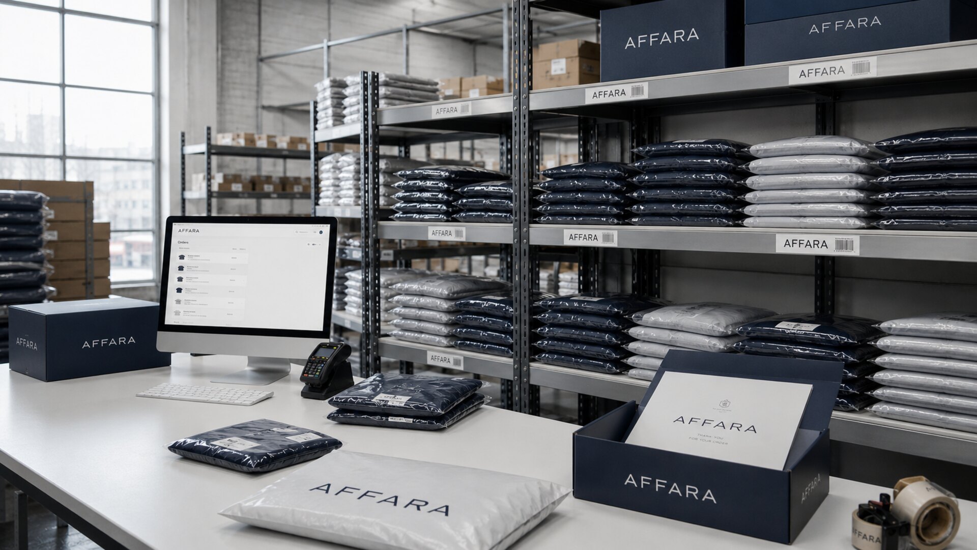 AFFARA UK fulfilment site with branded packaging at a packing station